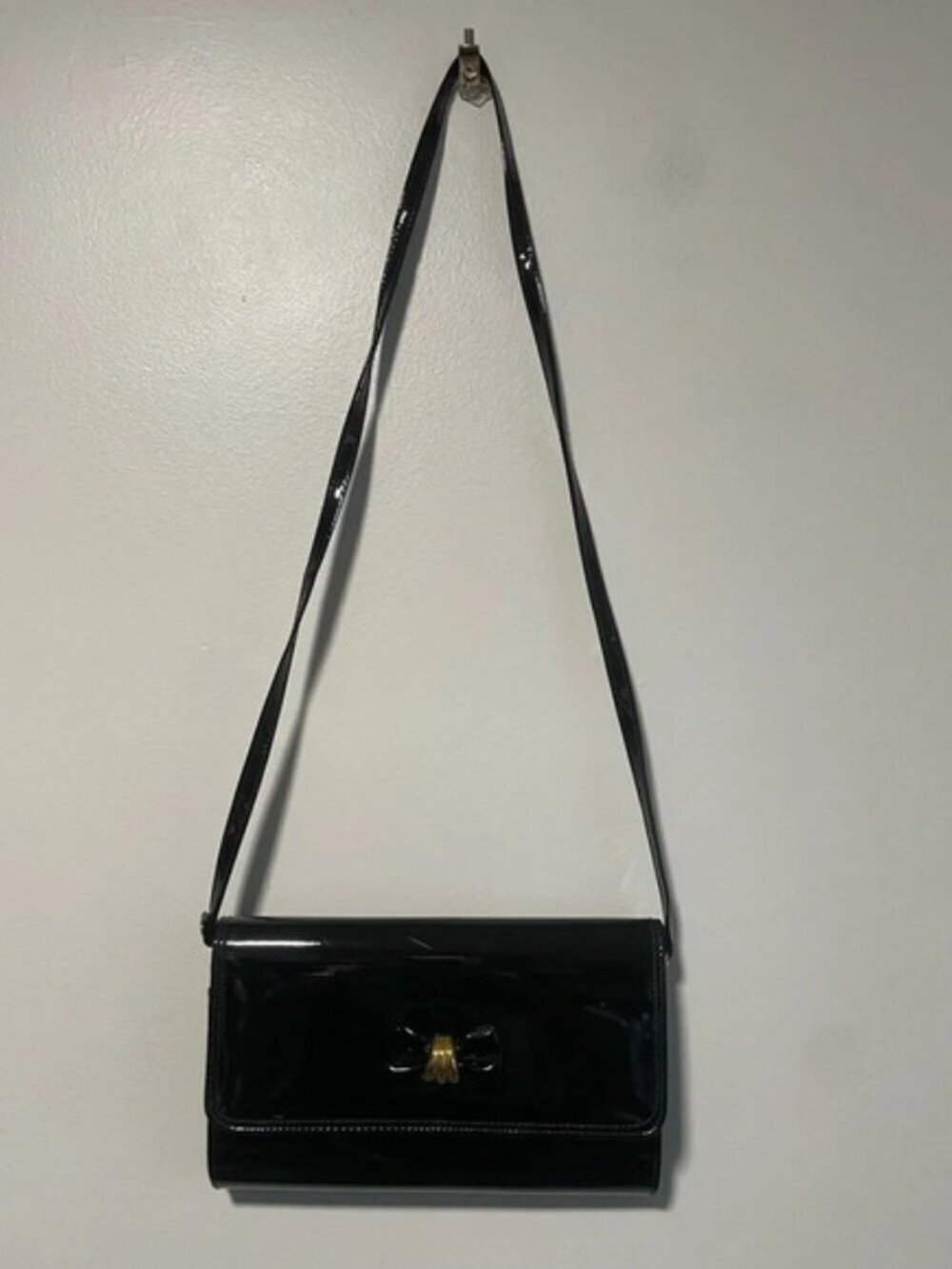 Rafy Black Patent Leather Crossbody Bag with  Gold Bow Detail